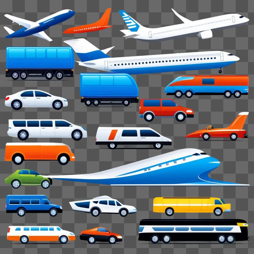 variety of transportation vehicles in a cartoon style