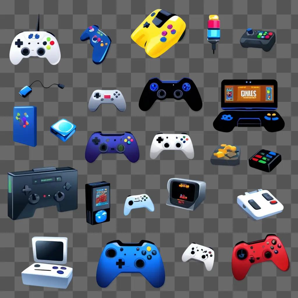 variety of video gaming controllers on a grey background