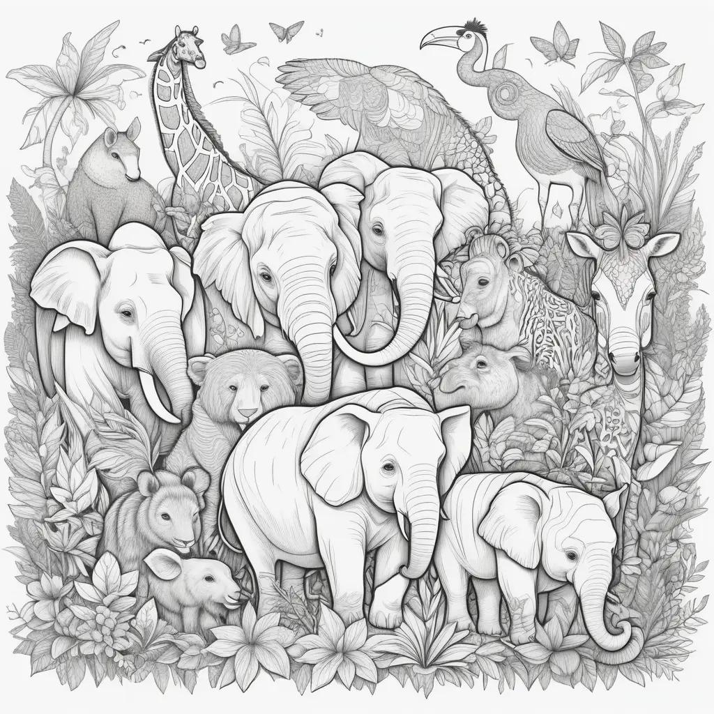 variety of zoo animals in a jungle setting