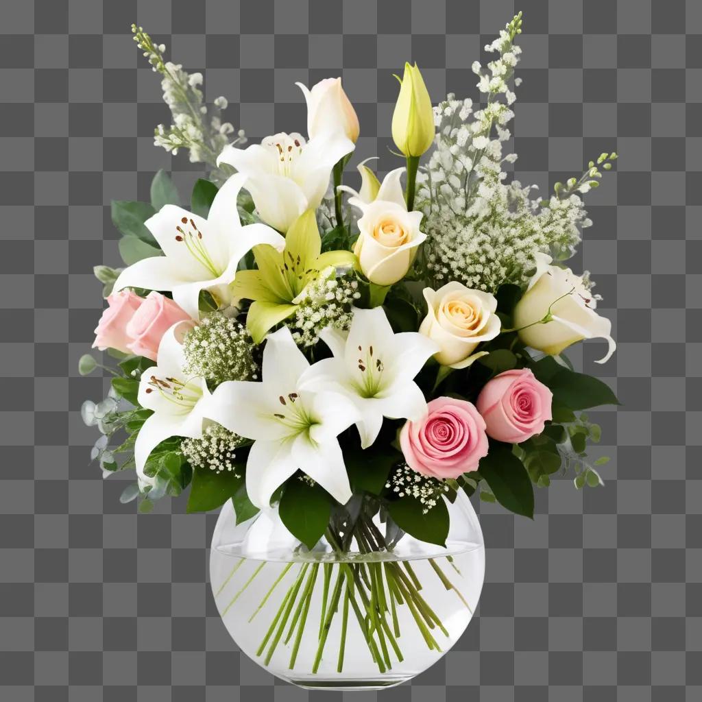 vase filled with a variety of white and pink flowers