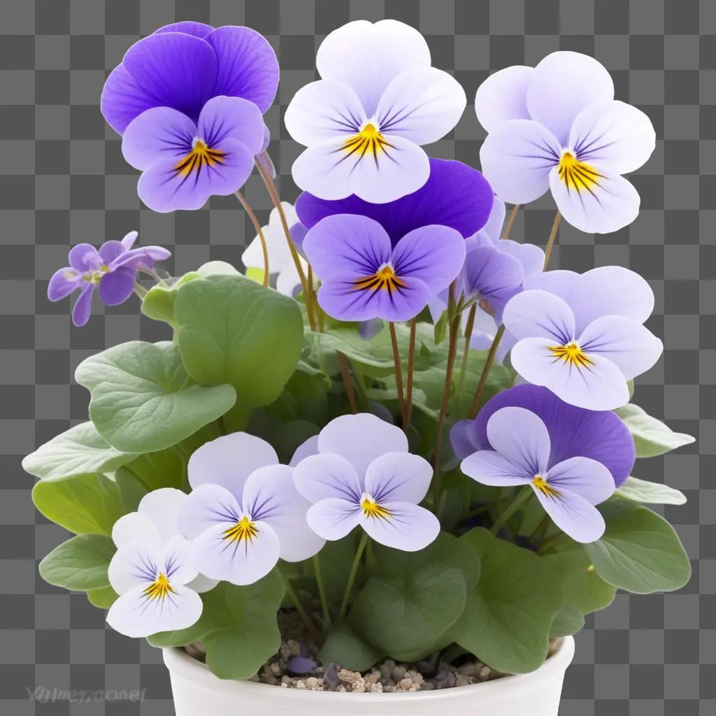 vase of purple and white violets with yellow centers