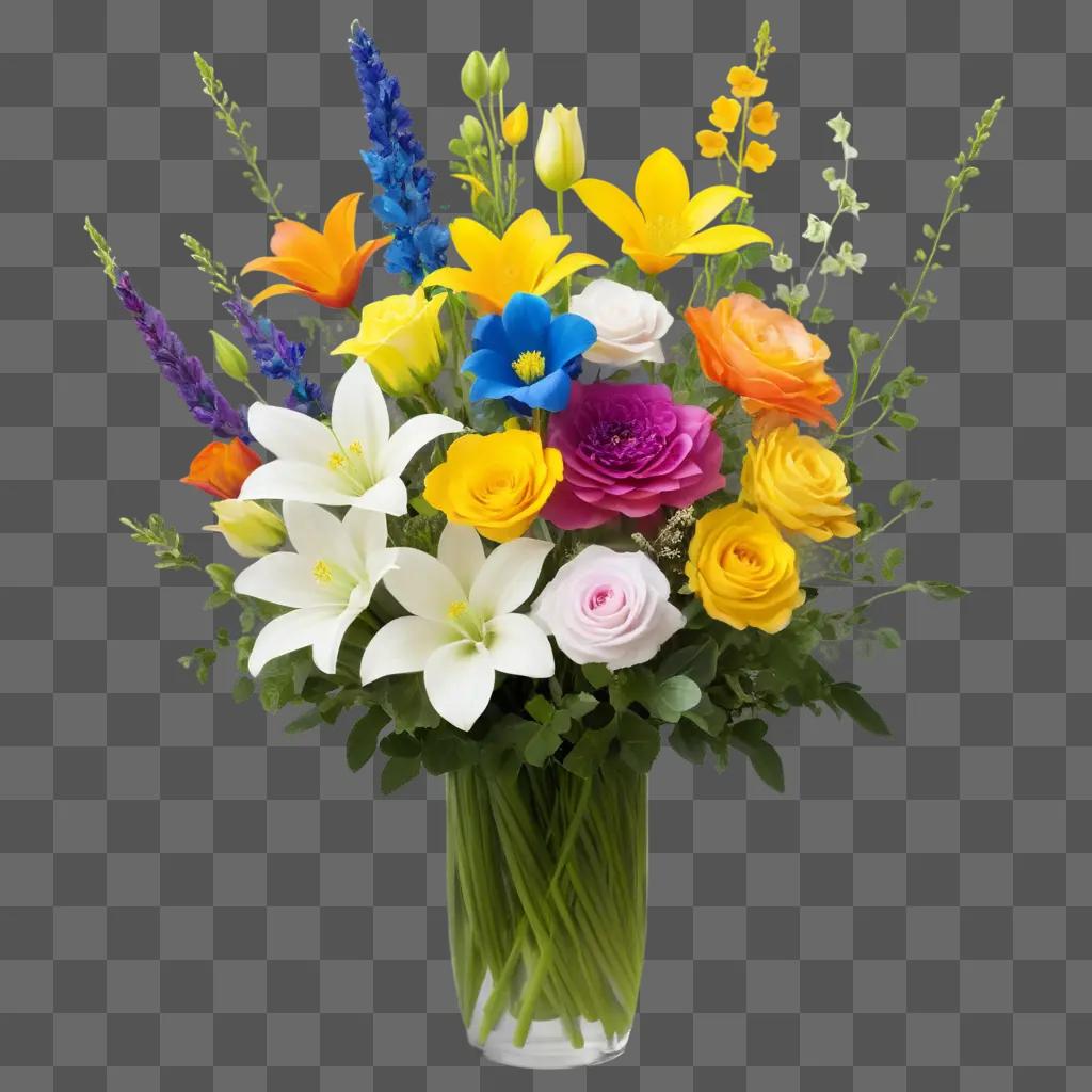 vase of rainbow flowers against a green background