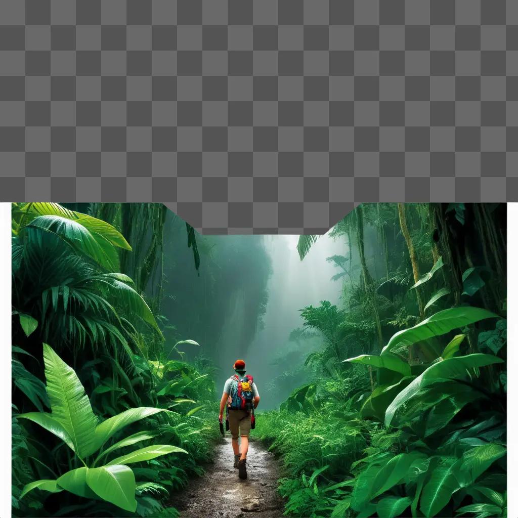 venturer walks down path in lush jungle