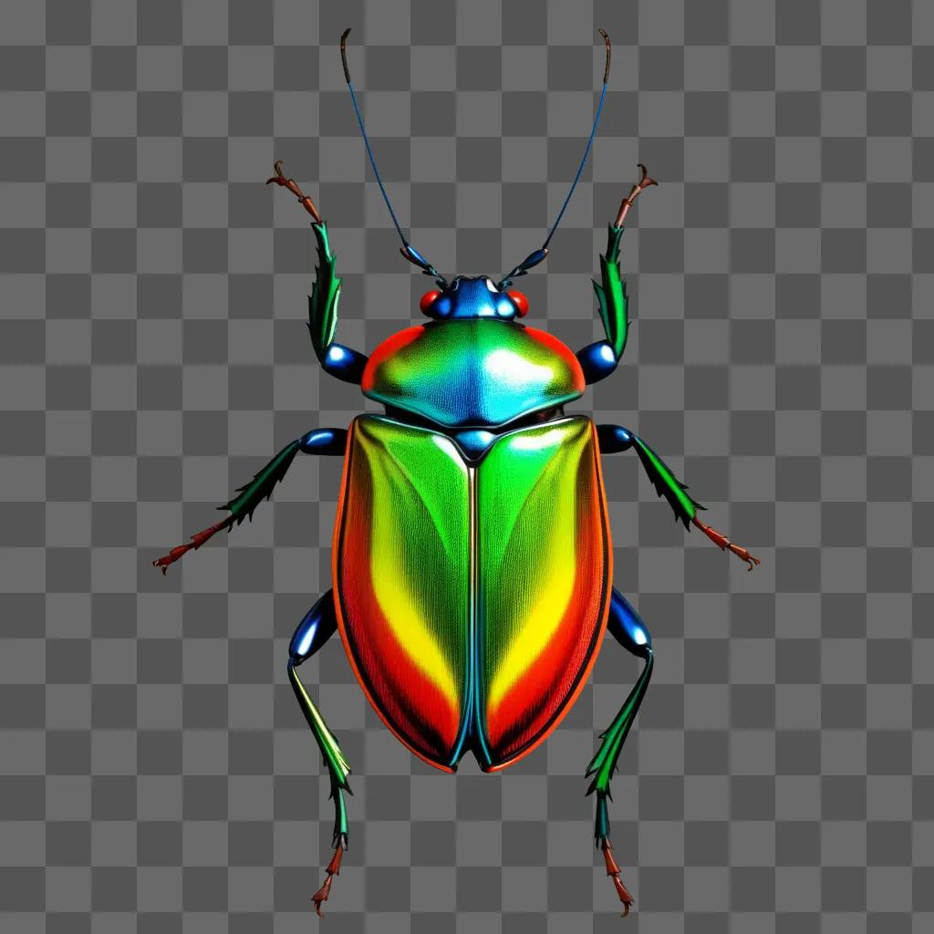 vibrant bug with rainbow hues on a green background