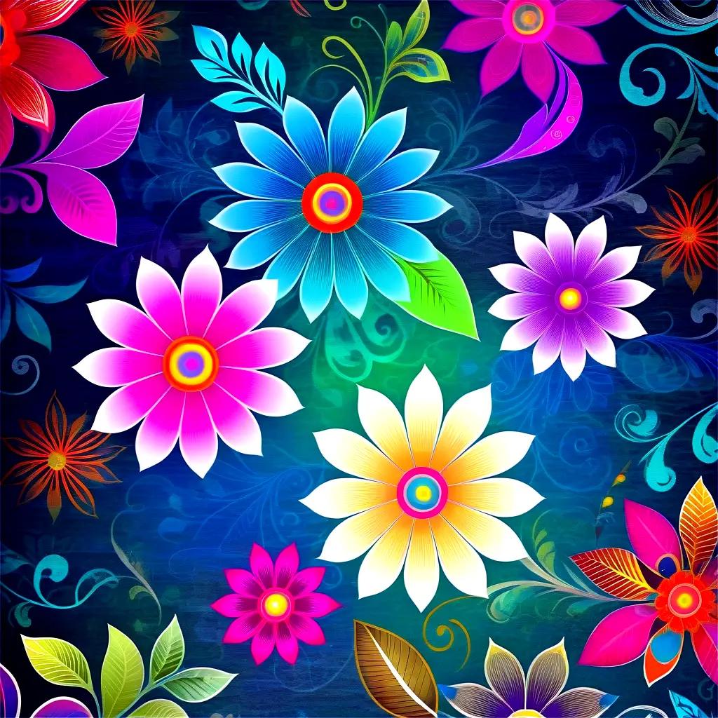 vibrant floral pattern adorns a dark blue background