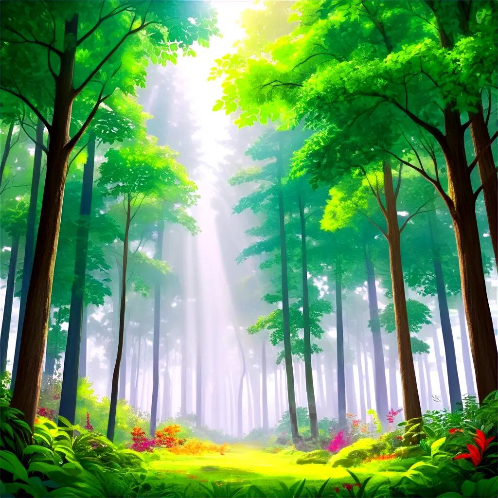 vibrant forest with lush greenery and sunlight