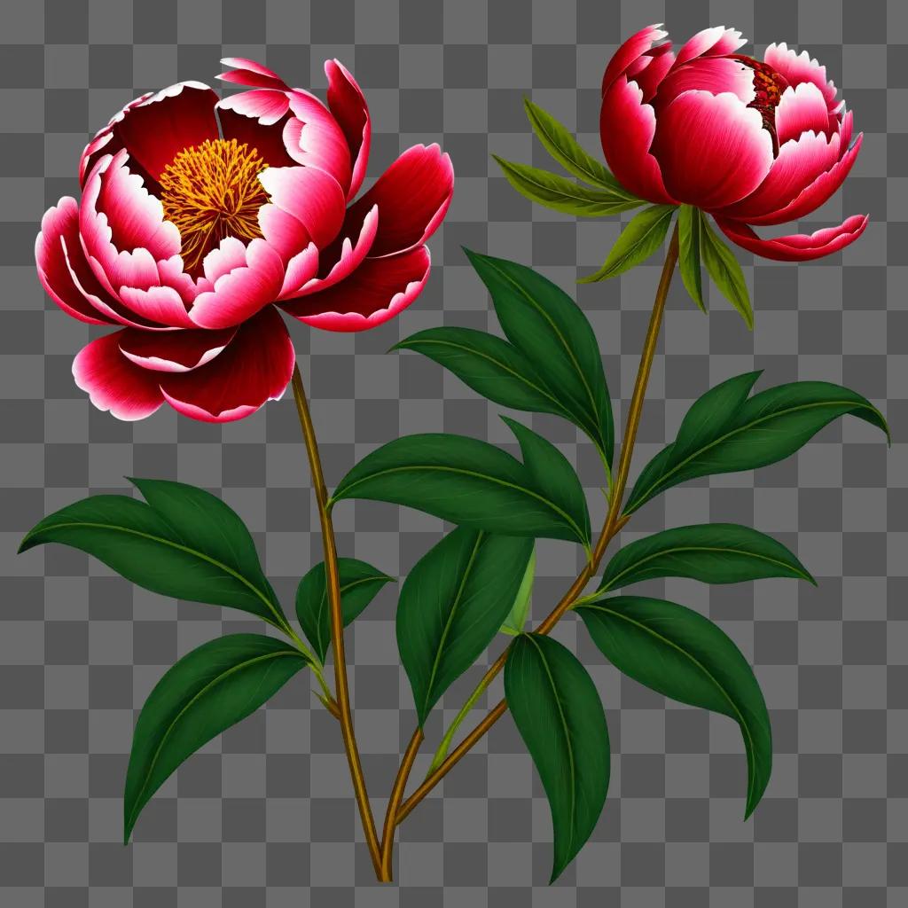 vibrant peony flower drawing with leaves