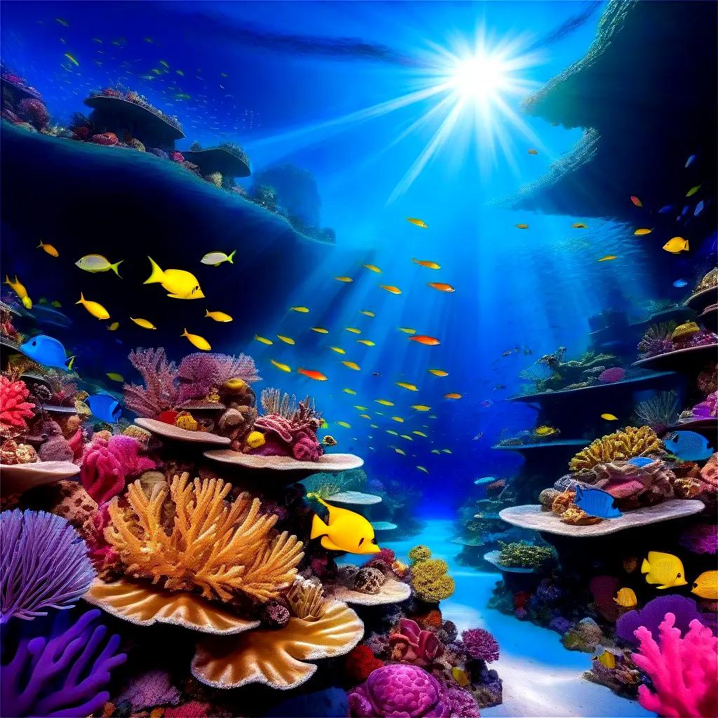 vibrant underwater scene with a coral reef and colorful fish