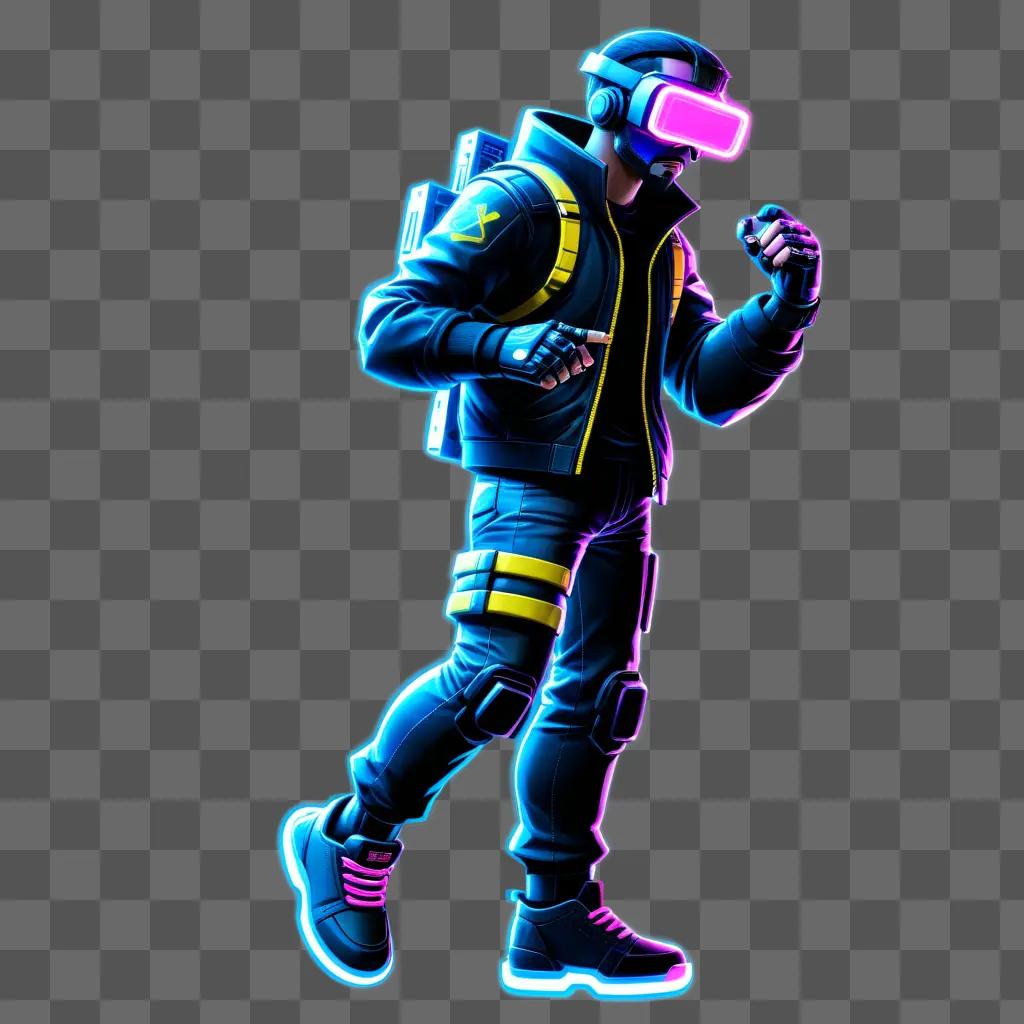 video game character in a neon-lit background