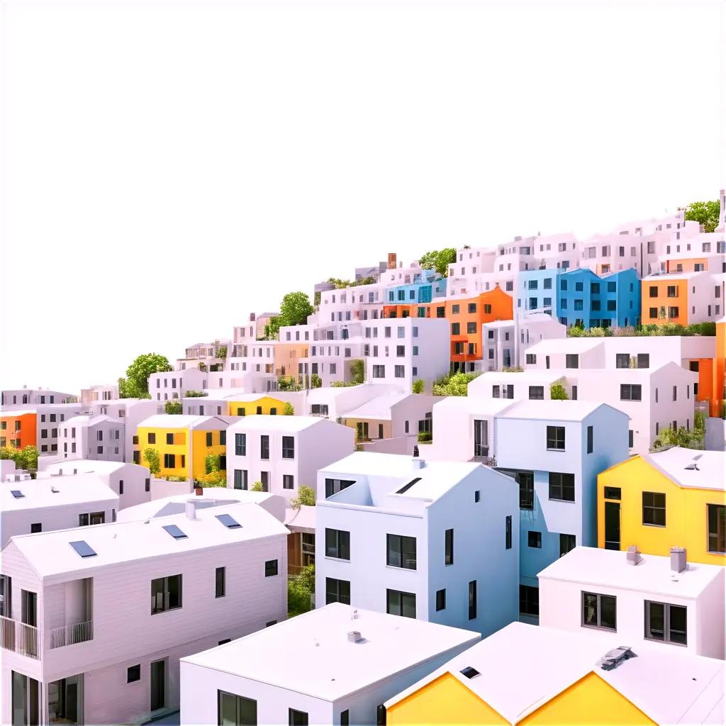 丘の中腹に建つ色とりどりの住宅群の眺め