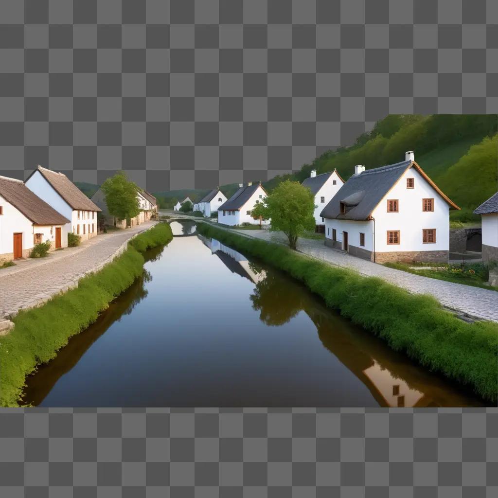 village is reflected in a small river