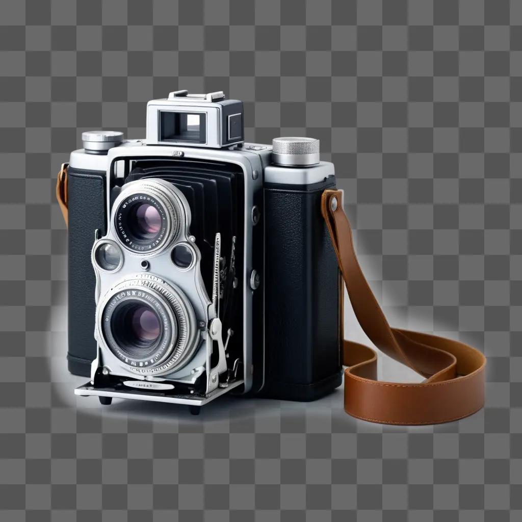 vintage camera with a leather strap sits on a gray surface