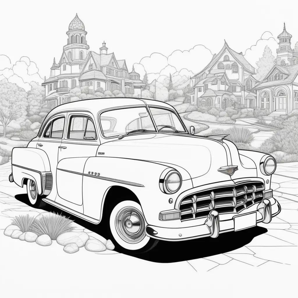 vintage car coloring page with a castle in the background