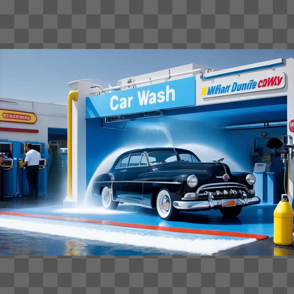 vintage car is washed at a car wash