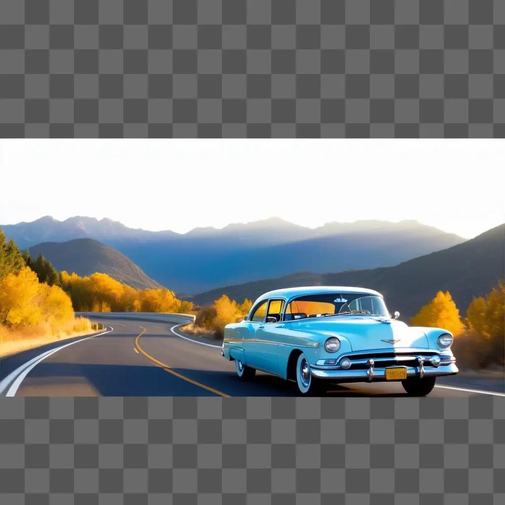 vintage car on a curvy road through mountains