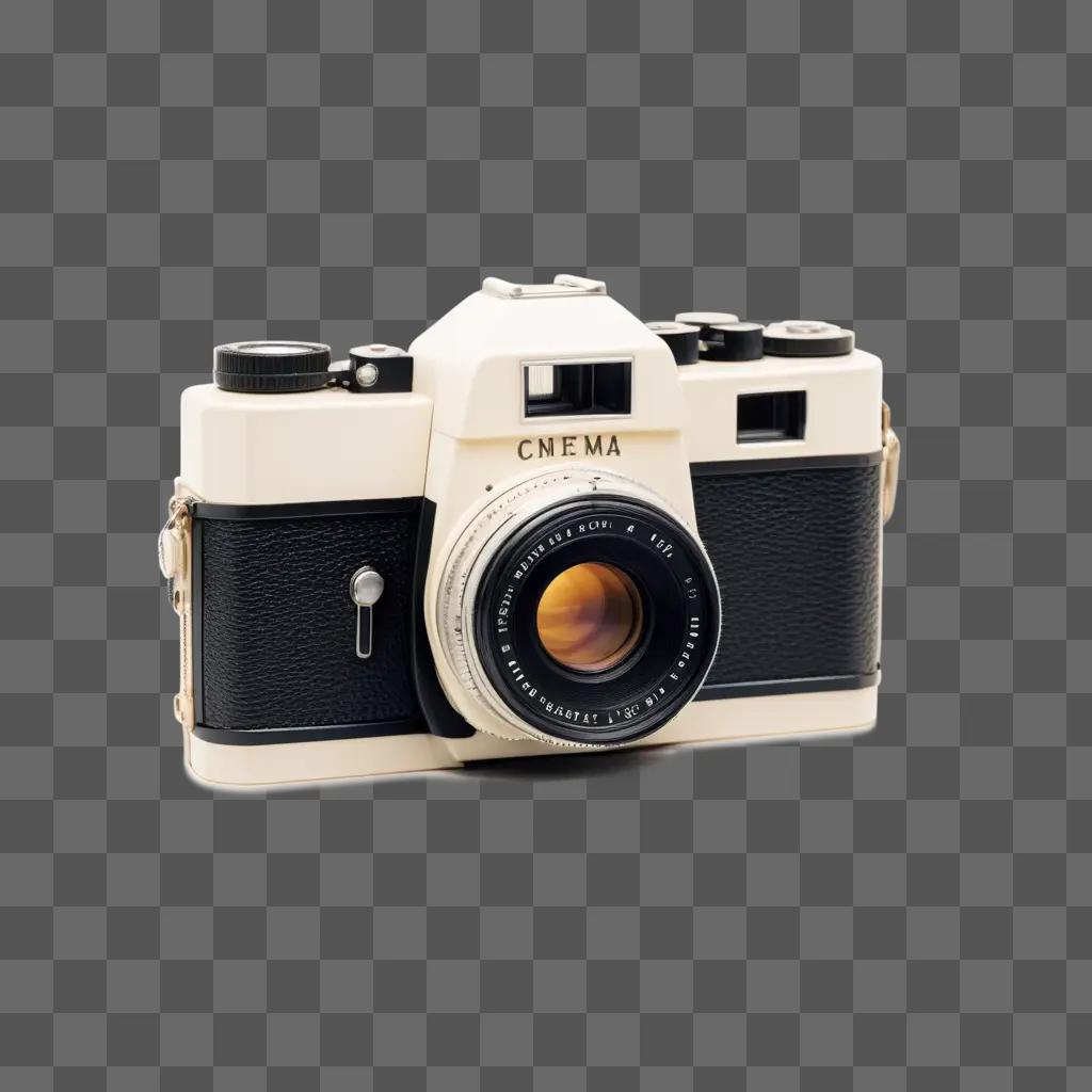 vintage film camera sits on a gray background