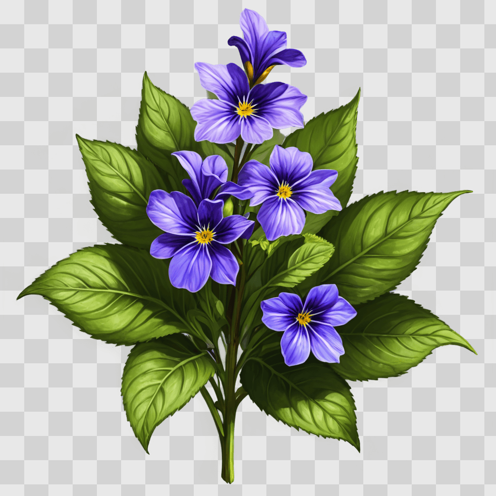 violet flower drawing A bright blue flower with green leaves