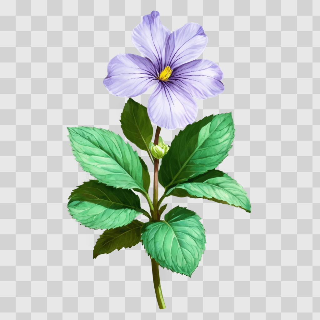 violet flower drawing A flower with green leaves is on a green background