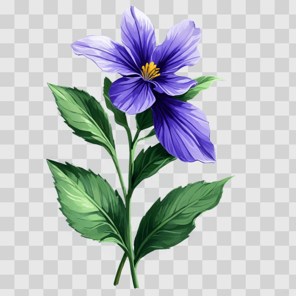 violet flower drawing A purple flower with a yellow center and green leaves