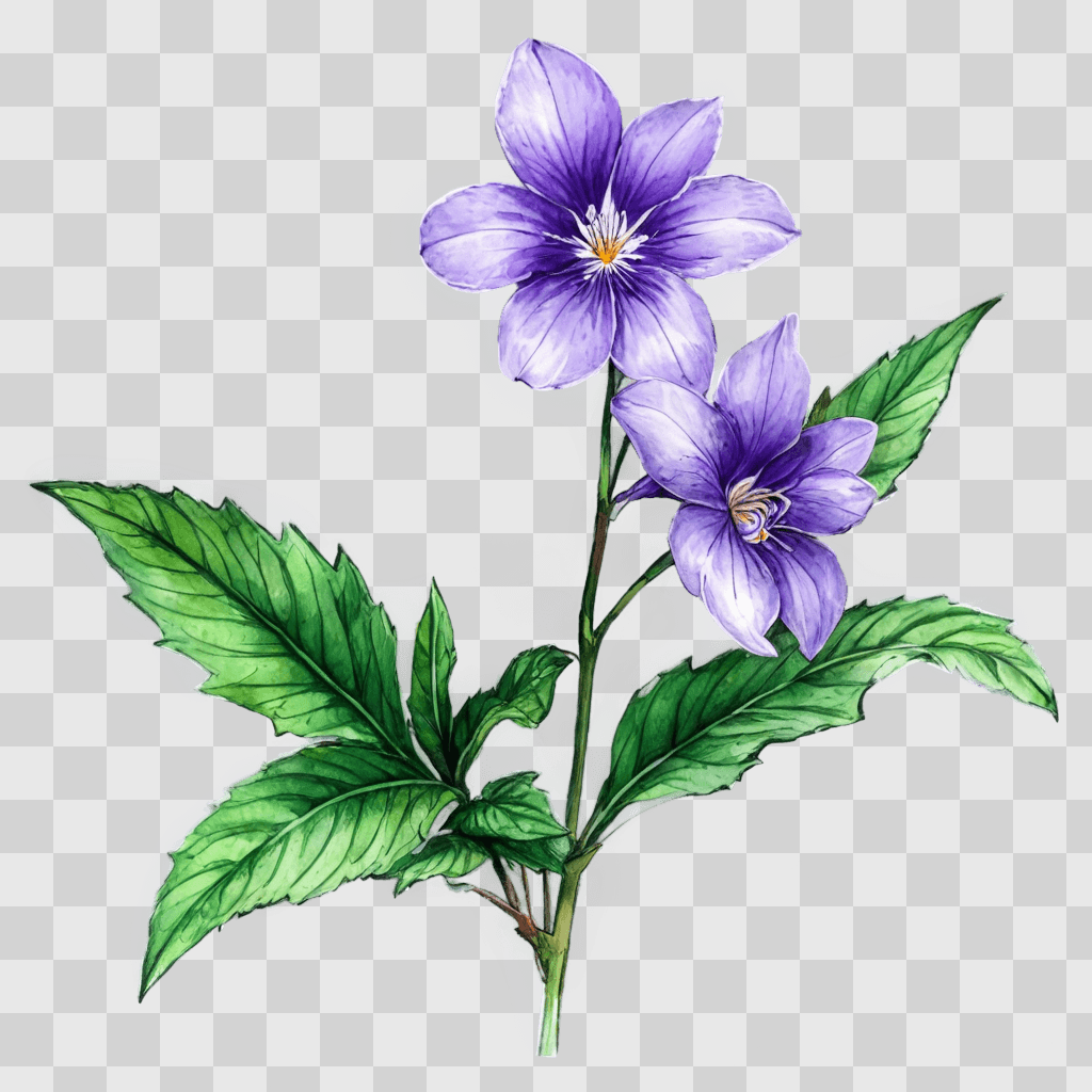 violet flower drawing A purple flower with green leaves and a glow in the background