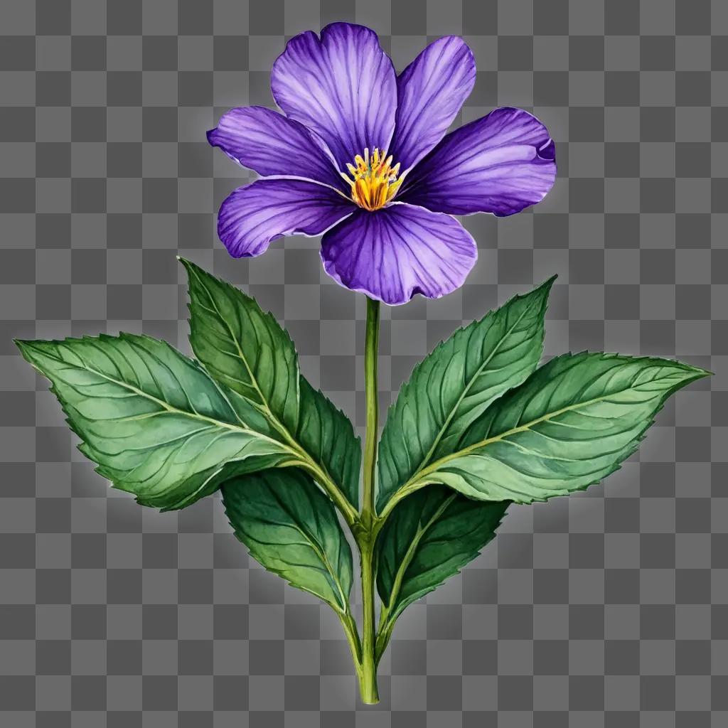 violet flower drawing A purple flower with green leaves and a green background