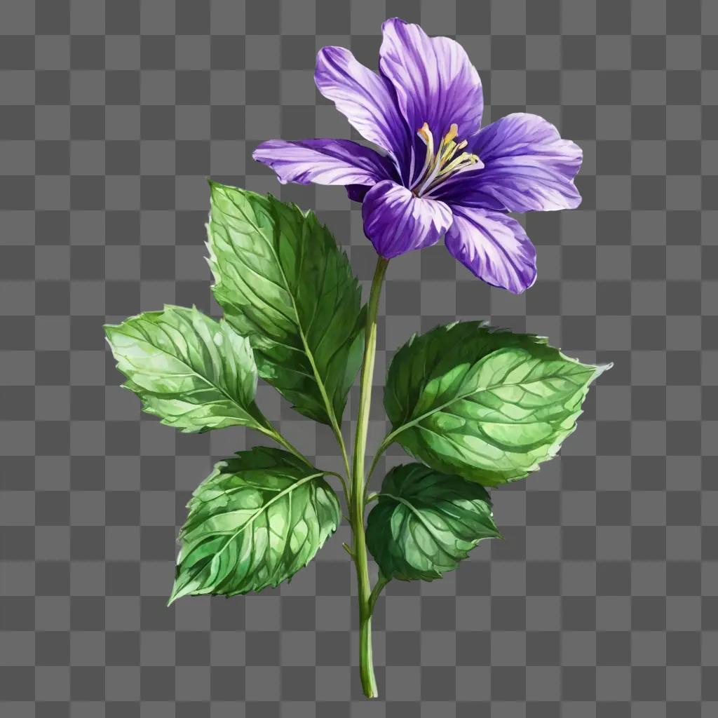 violet flower drawing A purple flower with green leaves and stem