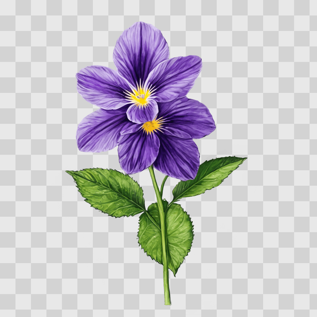 violet flower drawing A purple flower with green leaves and yellow center