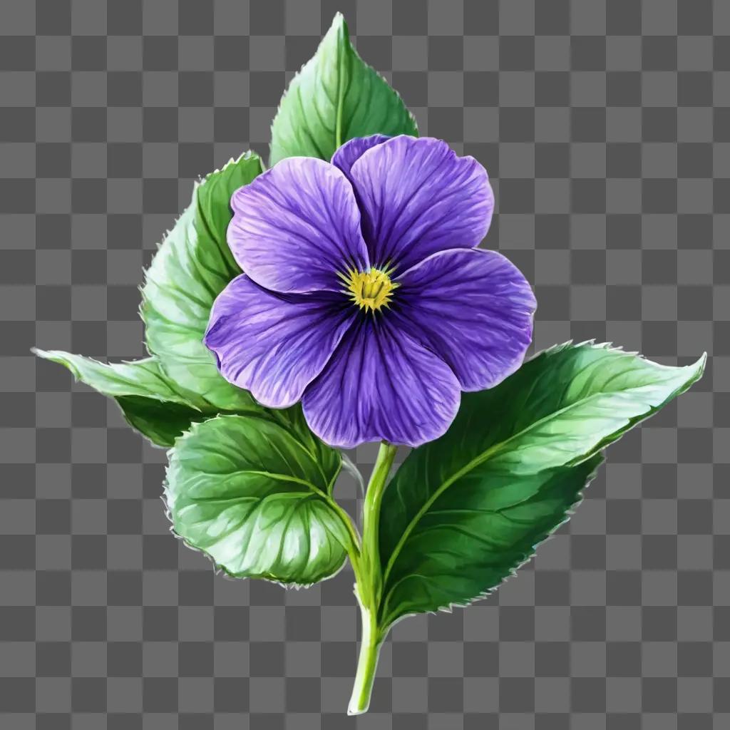 violet flower drawing A purple flower with green leaves on a green background