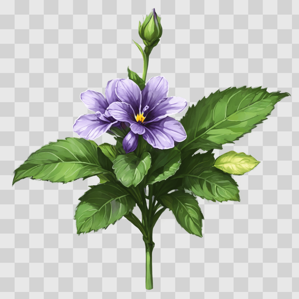 violet flower drawing A purple flower with green leaves on a green background