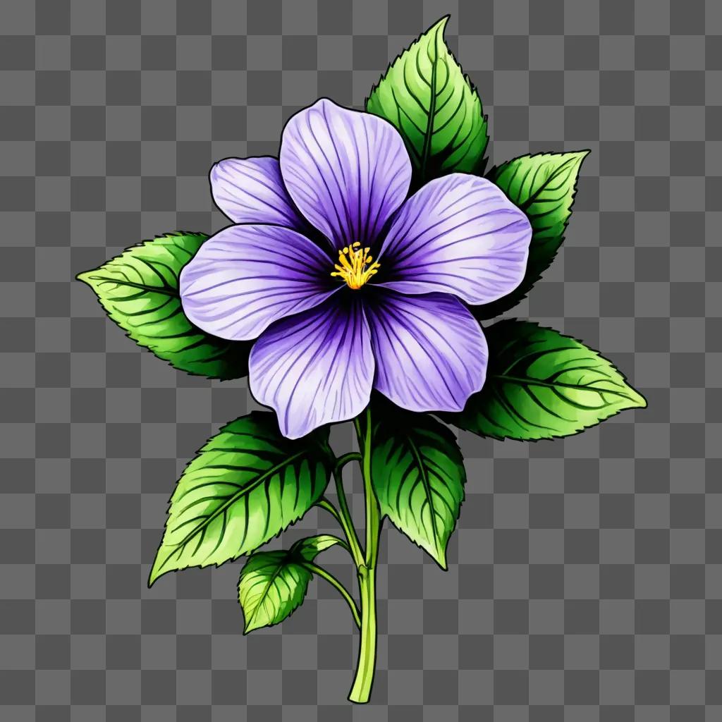 violet flower drawing A purple flower with green leaves on a green background