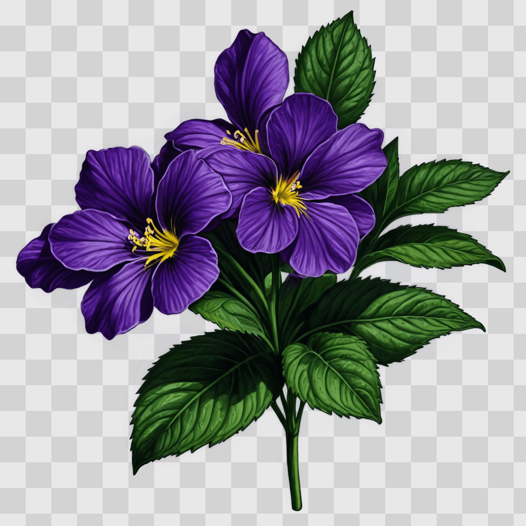 violet flower drawing A purple flower with green leaves on a purple background