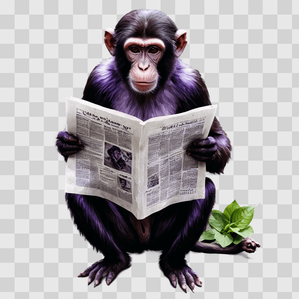 violet flower drawing Monkey reads newspaper on purple background