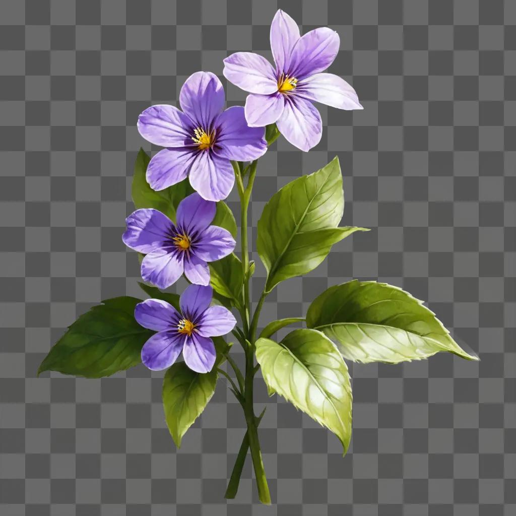 violet flower drawing Purple flowers and green leaves on a backdrop