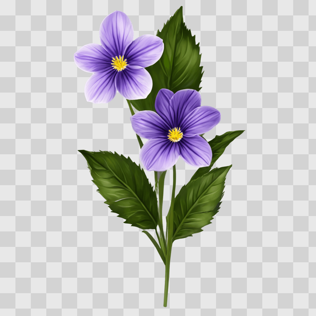 violet flower drawing Two purple flowers on green leaves with a light effect