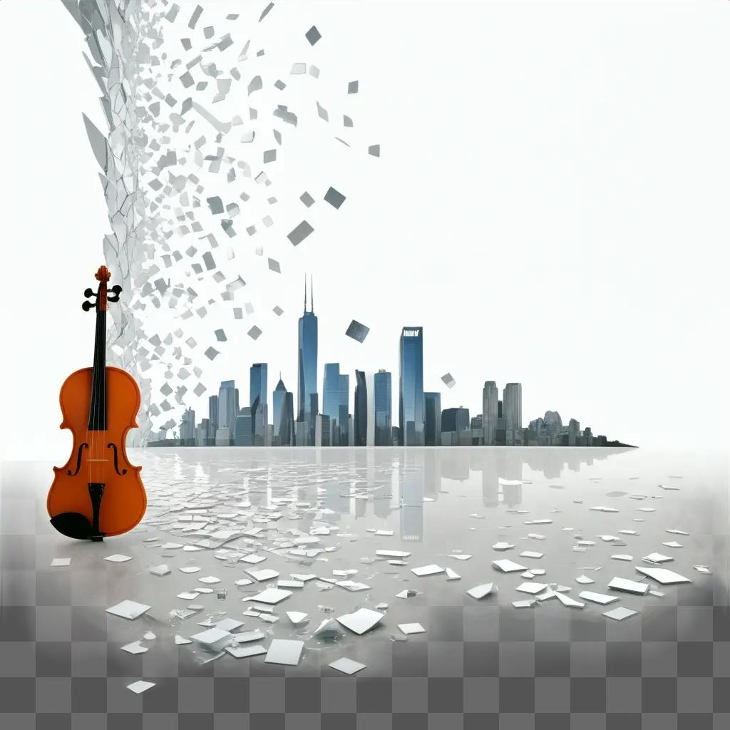 violin breaks in the air near a cityscape