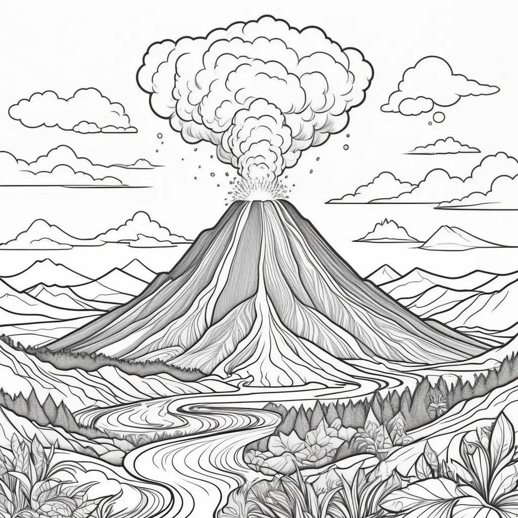 volcano erupts, a river flows, and trees grow in a black and white coloring page