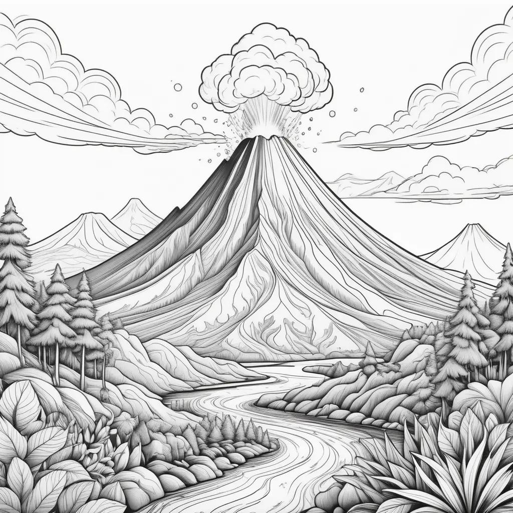 volcano erupts in a black and white coloring page