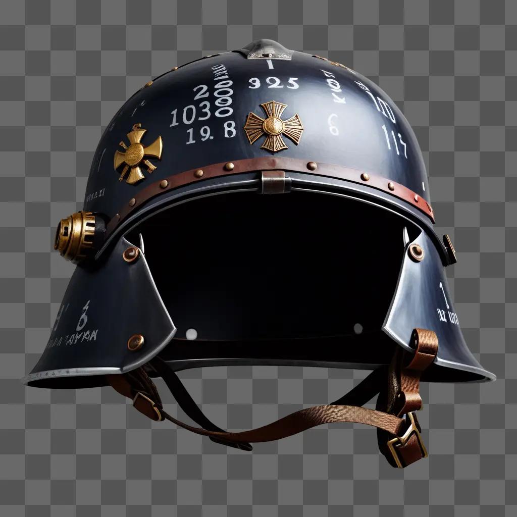 war helmet with gold accents on a grey background