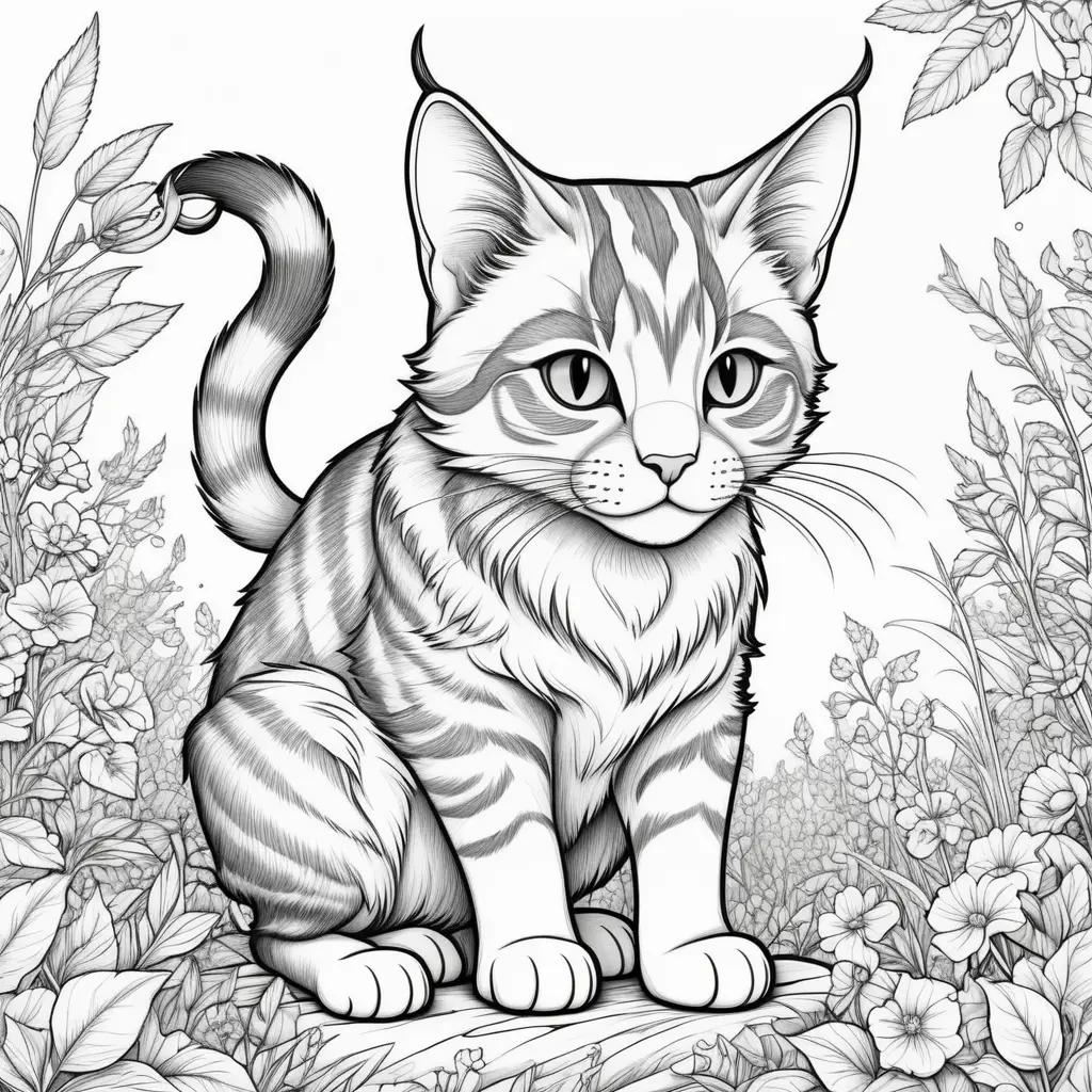 warrior cat sits among the wildflowers in a black and white coloring page