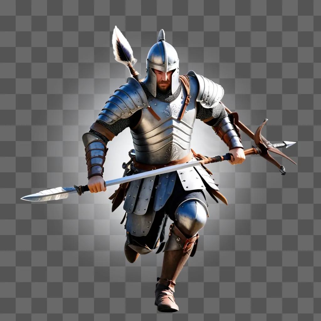 warrior clad in armor runs with his weapons