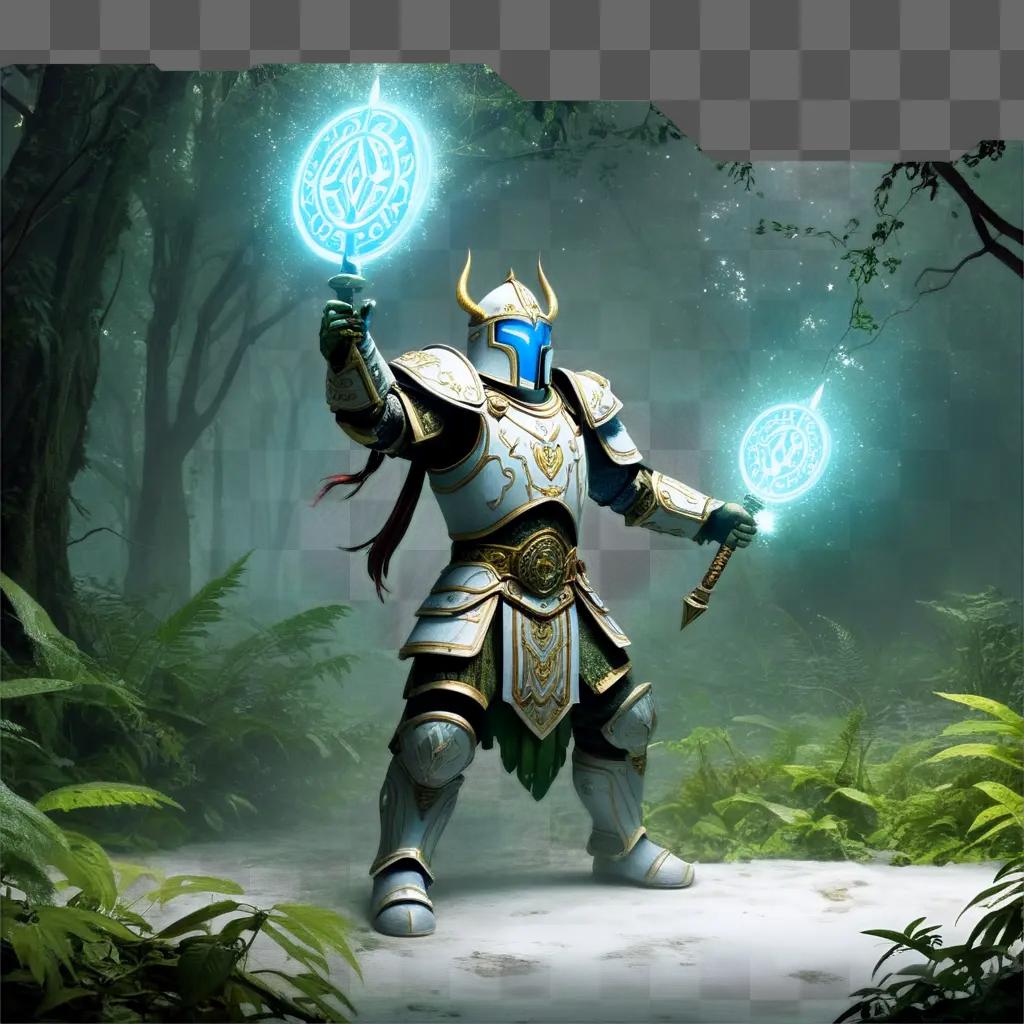 warrior holds a glowing shield in the forest