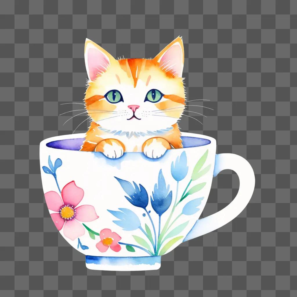 watercolor cat in a cup illustration with a floral design