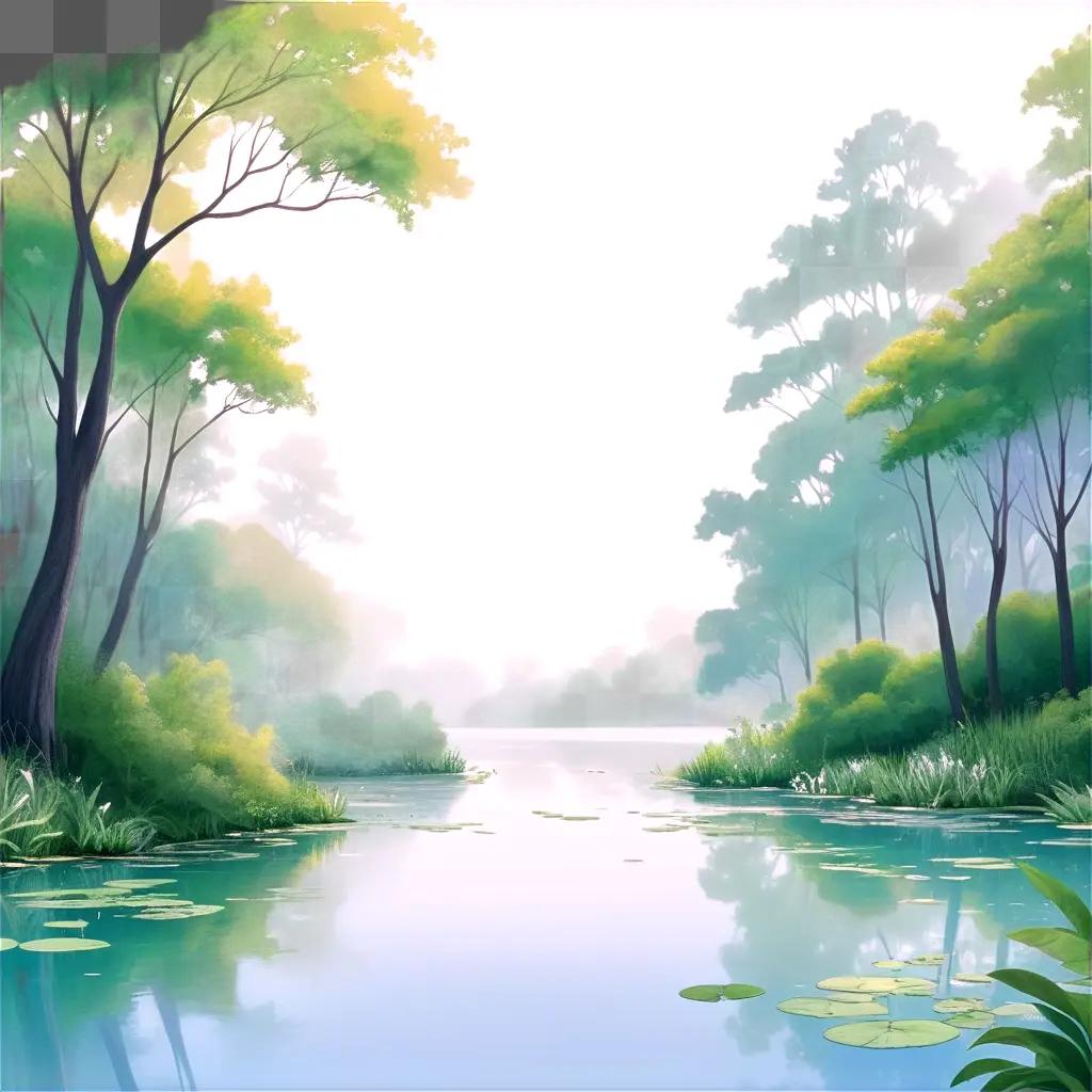 watercolor nature drawing of a tranquil pond and forest