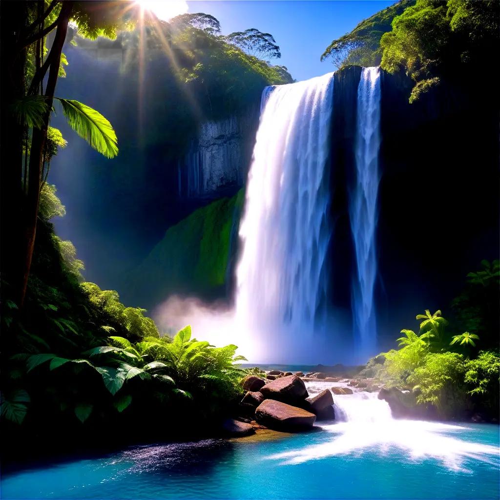 waterfall cascading into a clear blue river