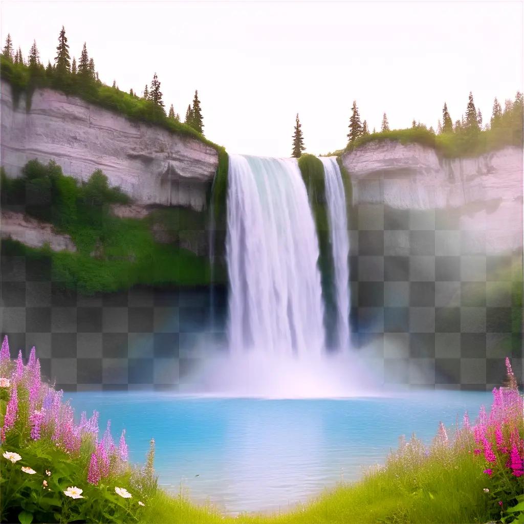 waterfall gushing into a blue pond with a blurred background