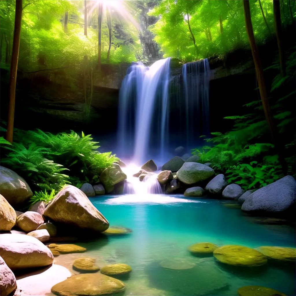 waterfall pours over rocks and rocks over a pool of water