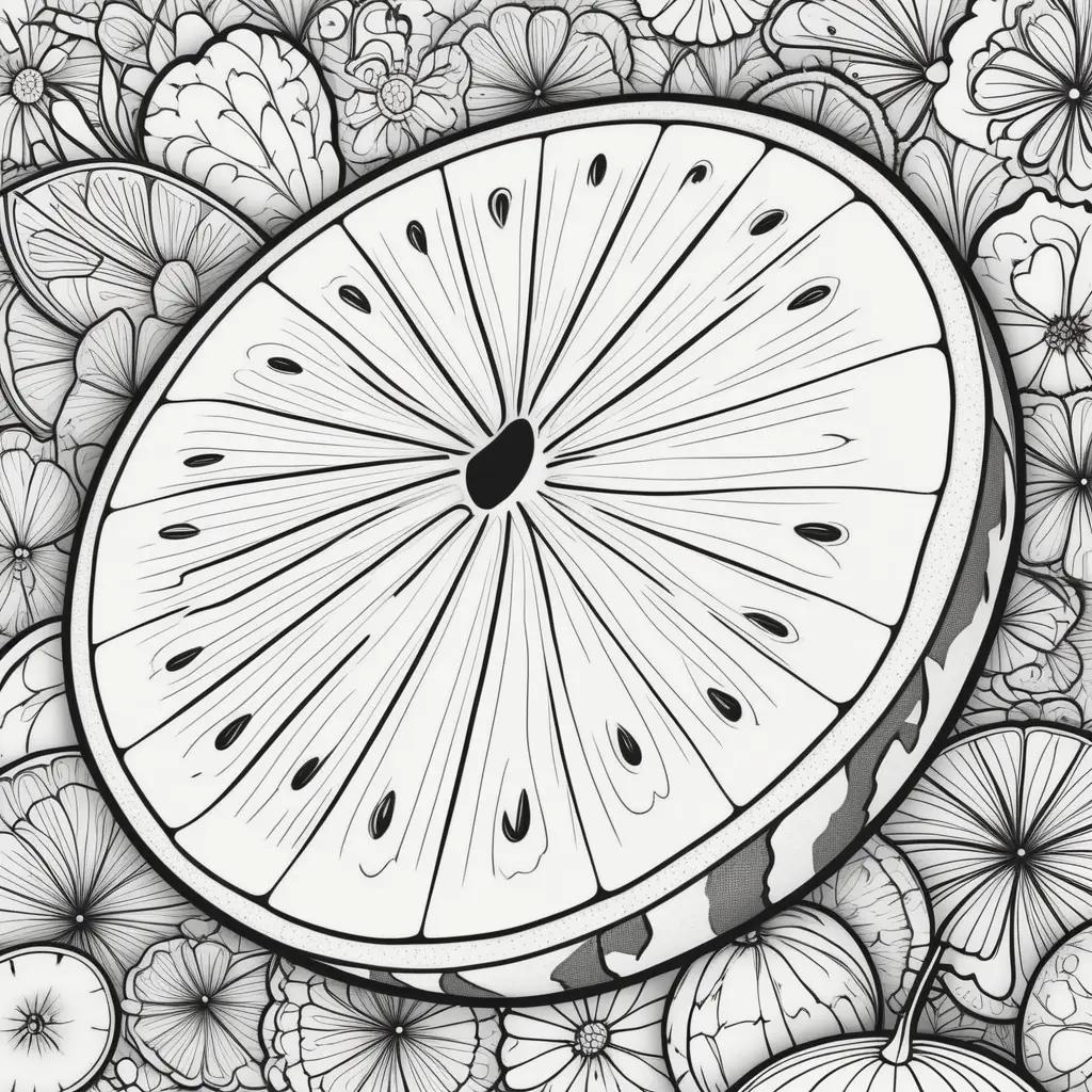 watermelon coloring page with a variety of flowers around it