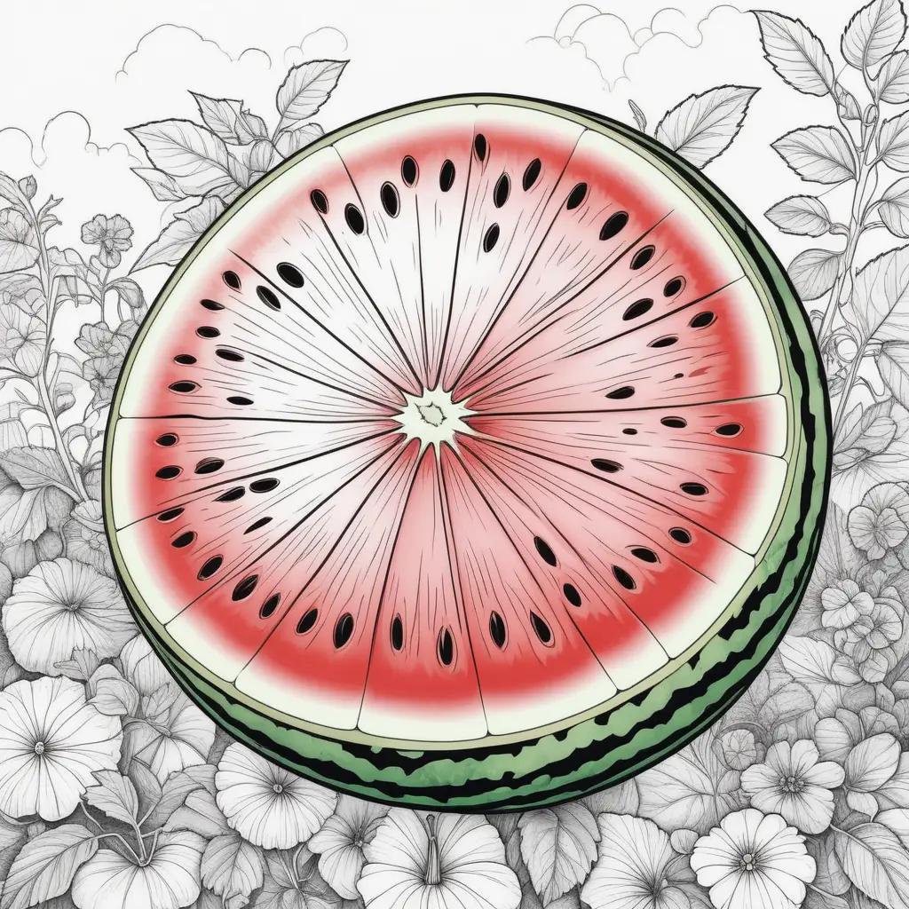 watermelon coloring page with black and white illustrations