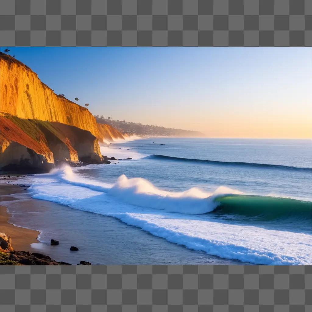 wave crashes near a cliff on a sunny day in San Diego