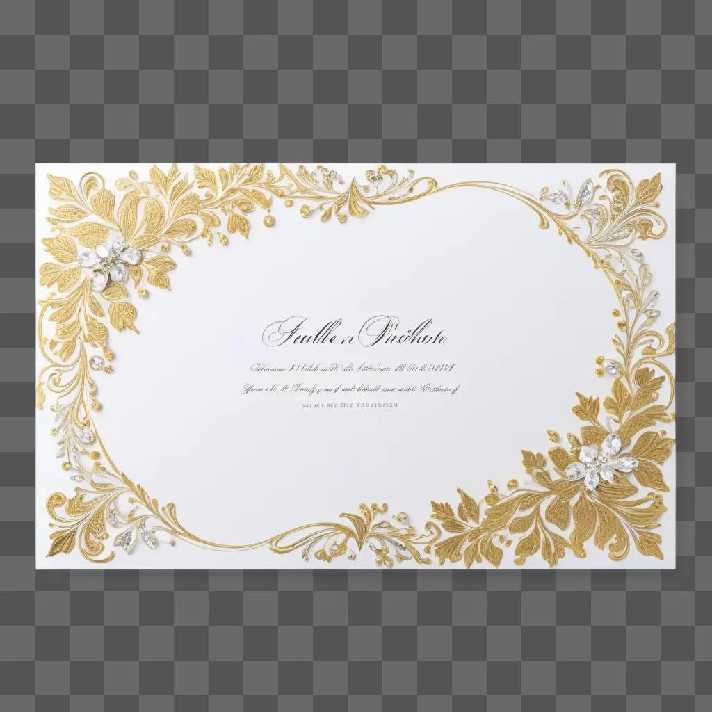 wedding invitation with a gold border and text